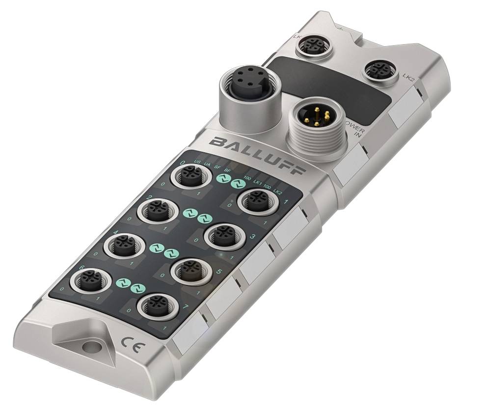 Ein industrieller Verteilerblock mit mehreren Anschlüssen. Aufdruck 'Balluff'. Geeignet für die Verbindung mehrerer Geräte in einem Netzwerk.