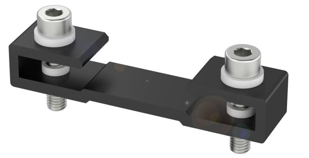 Schwarzes Metallteil mit zwei silbernen Schraubverbindungen, die auf einer rechteckigen Platte befestigt sind, dient zur Befestigung.