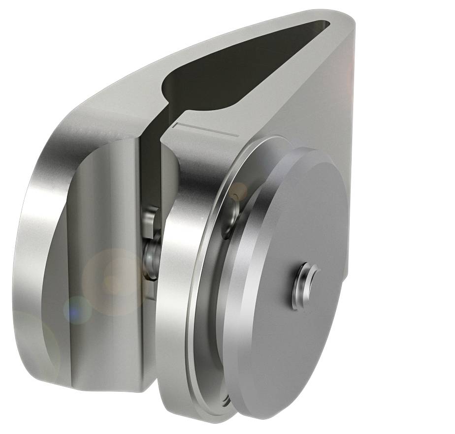 Ein metallischer Glasklemmhalter mit rundem Knopf, wahrscheinlich für die Montage von Glastüren oder -wänden.