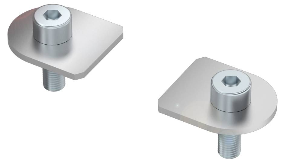 Zwei metallische Halterungen mit Schrauben, die auf einer flachen, rechteckigen Platte montiert sind.