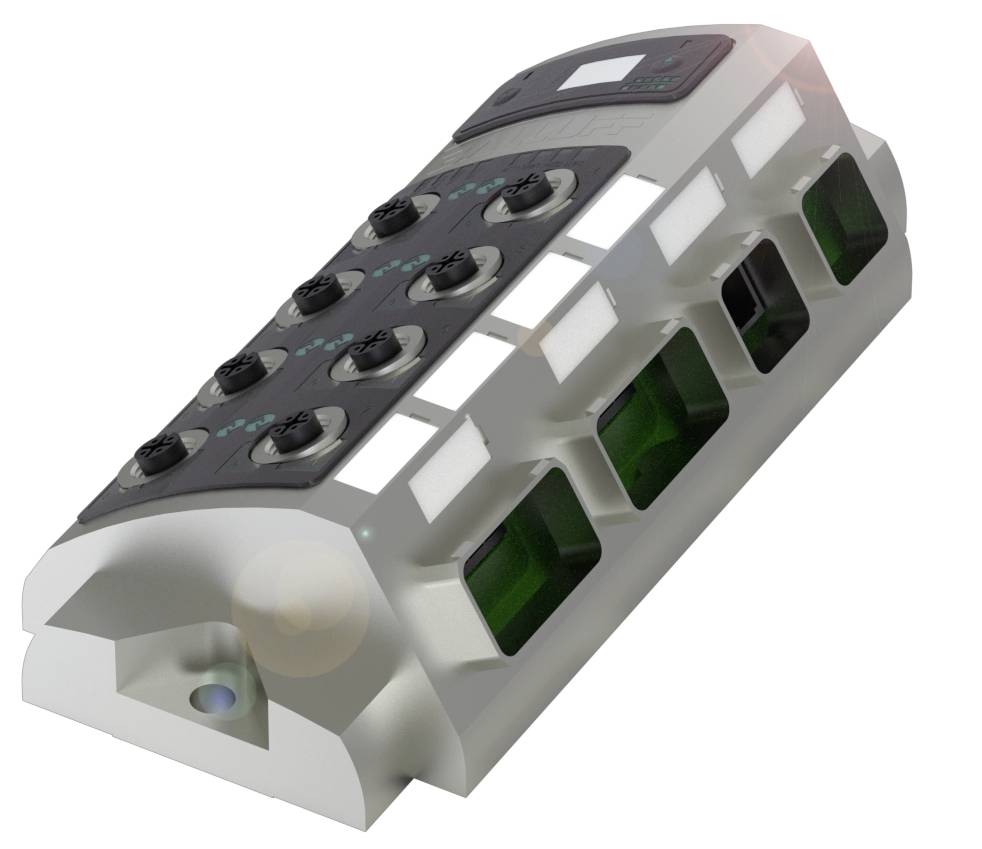 Ein grauer, rechteckiger Industrie-Verbinder mit mehreren runden Steckern und grünen, rechteckigen Öffnungen, leicht schräg dargestellt.