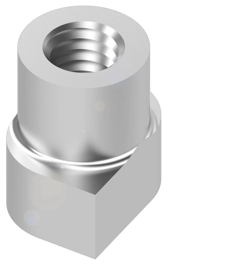 Silberner, sechseckiger Metallanschluss mit Innengewinde, für Rohrverbindungen oder ähnliche Anwendungen.