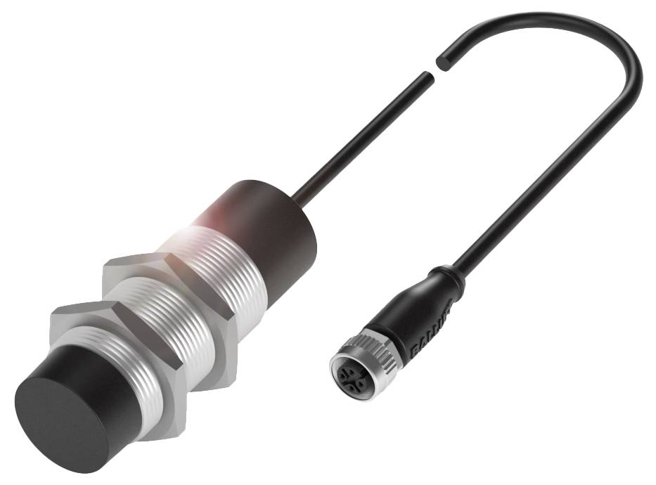 Ein zylindrischer Näherungsschalter mit Gewinde, Kabel und Stecker. Er misst Entfernungen ohne physischen Kontakt.