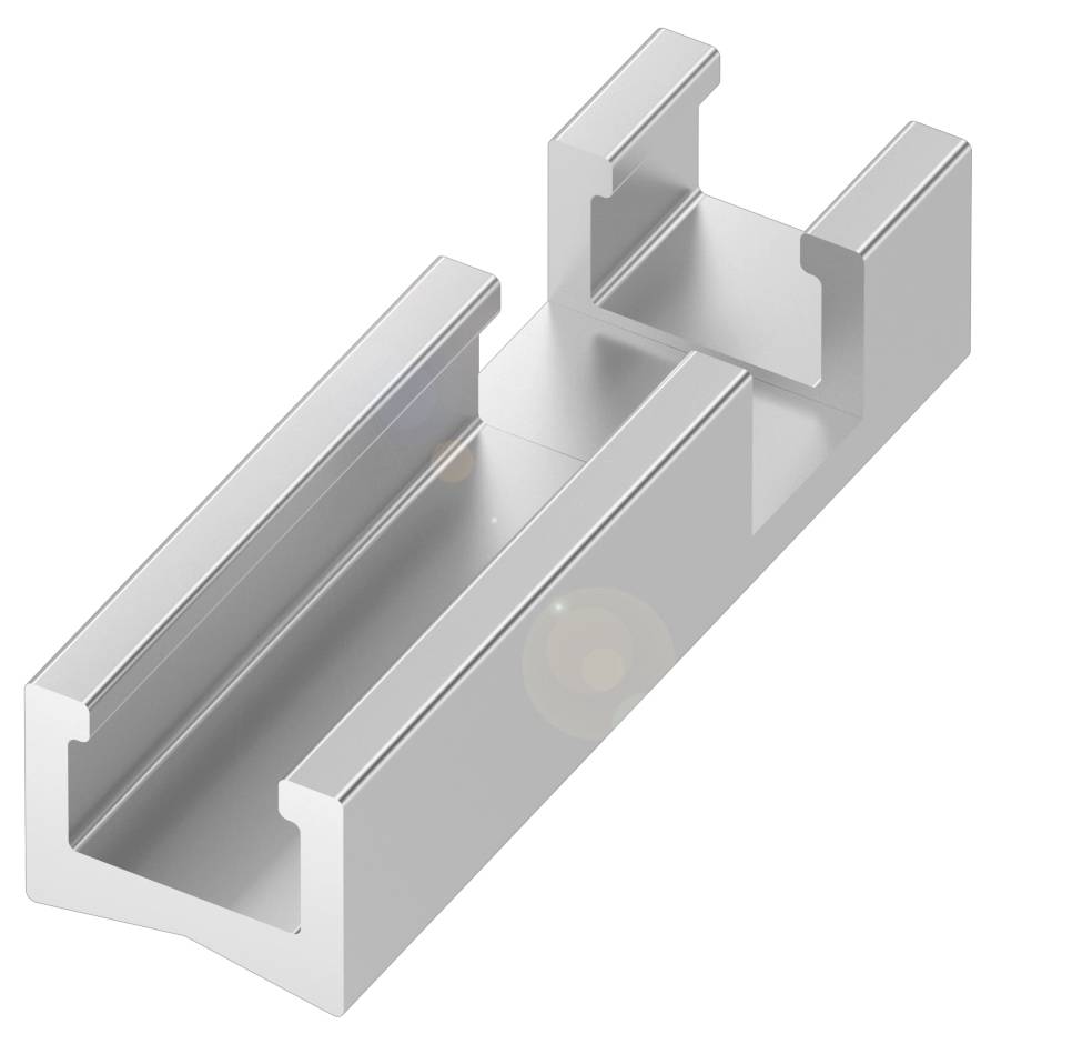 Metallisches U-förmiges Profil mit glatter Oberfläche, spiegelndem Glanz und zwei erhöhten Kanten, typisch für Konstruktionszwecke.