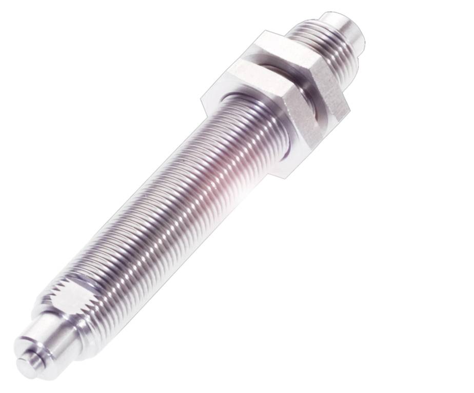 Metallsensor mit Gewinde und Sechskantmutter, silberfarben, vor weißem Hintergrund abgebildet.