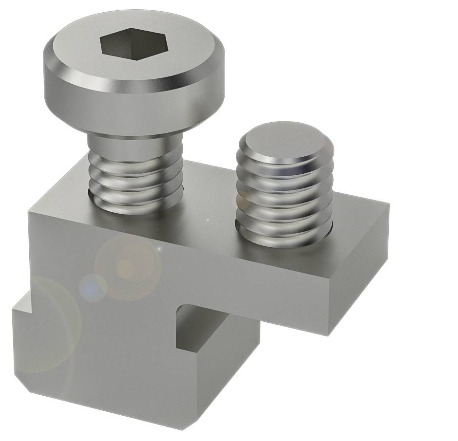 Metallische Halterung mit zwei Schrauben, eine sechskant und eine zylindrisch. Wird zur Befestigung in mechanischen Konstruktionen verwendet.