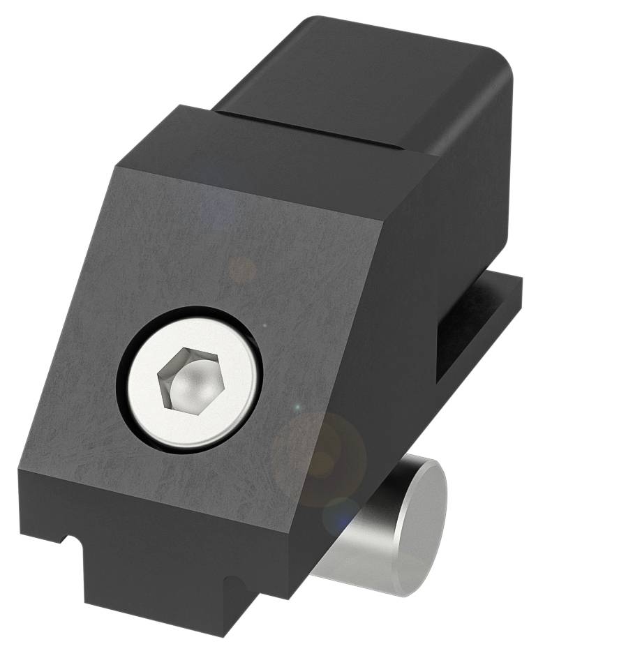 Ein schwarzes, trapezförmiges Bauteil mit einer zentralen Schraube und einem zylindrischen Element an der Basis, möglicherweise ein mechanisches Verbindungselement.