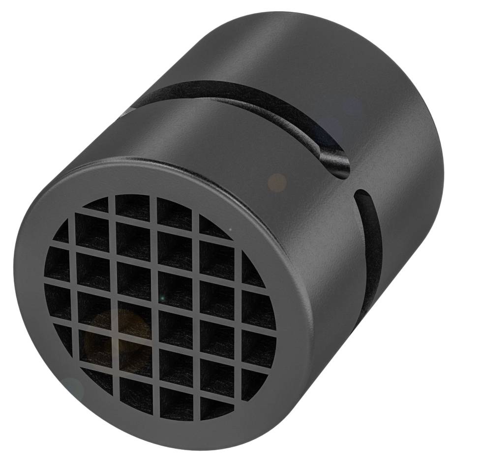 Schwarzes zylindrisches Objekt mit Gitteroberfläche, das eine Öffnung zur Belüftung oder zum Schutz elektronischer Geräte darstellen könnte.