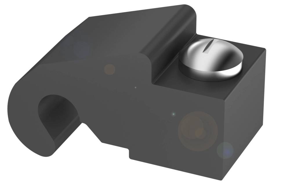 Ein schwarzes, keilförmiges Bauteil mit einer runden silbernen Schraube auf der Oberseite. Es hat eine gebogene Aussparung an der Seite.