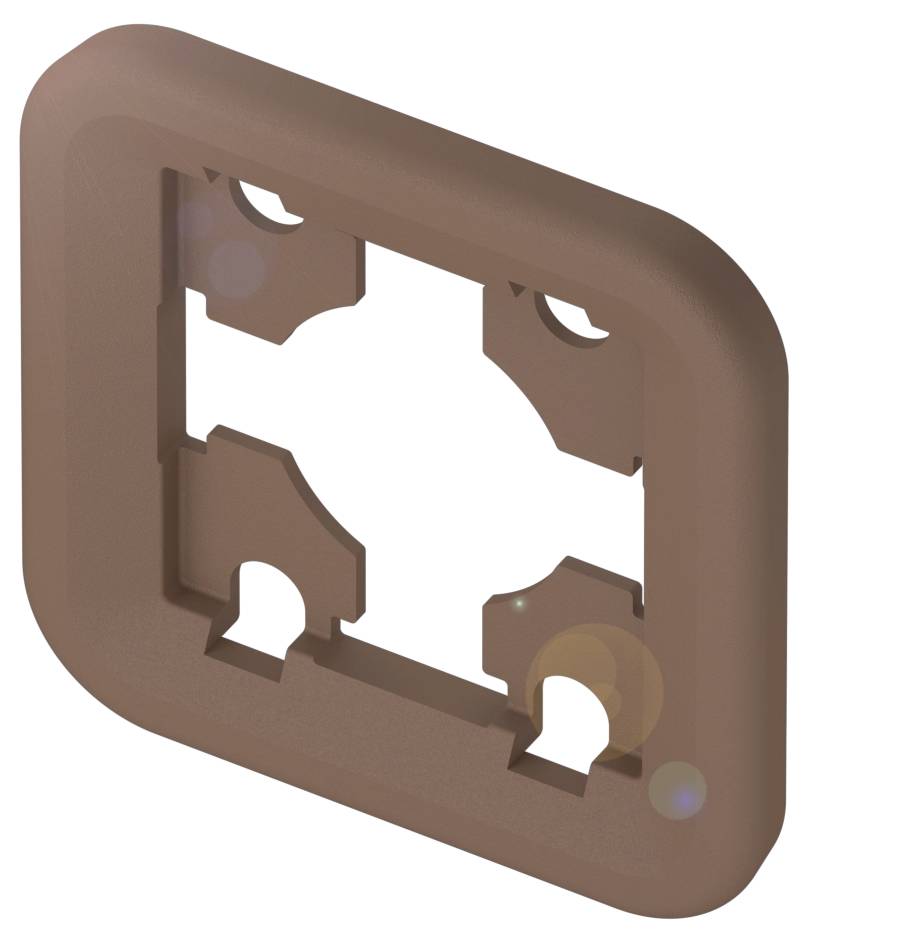 Braune, quadratische Plastikabdeckung mit abgerundeten Ecken und mehreren Aussparungen.