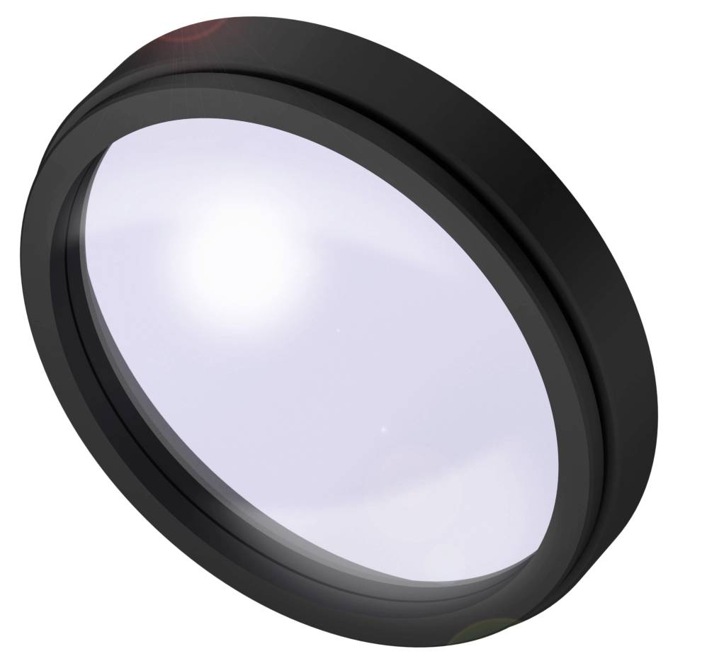 Ein rundes, flaches, schwarzes Gehäuse mit transparenter Linse, durch die Helllicht hindurchscheint. Geeignet zur Fokussierung von Licht.