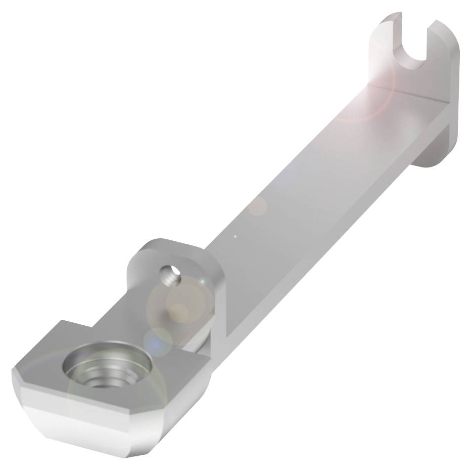 Metallschiene mit Haken und öffnung, möglicherweise Teil eines Mechanismus oder Montageteils, auf hellem Hintergrund dargestellt.