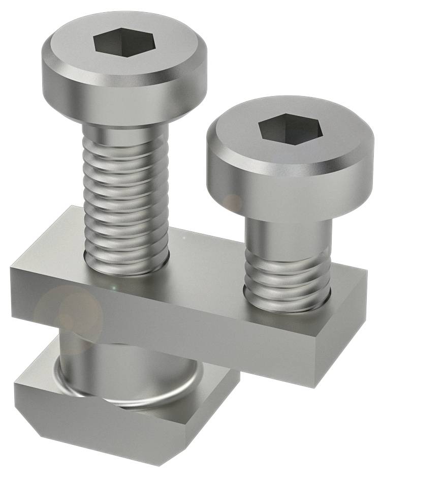 Zwei silberne Schrauben in einem rechteckigen Metallsockel, eine länger als die andere, mit sechseckigen Innensechskantköpfen darauf.