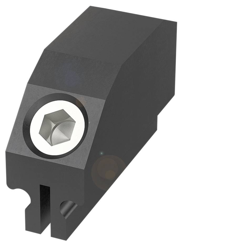 Das Bild zeigt ein schwarzes mechanisches Bauteil mit einer Schraube. Es hat eine rechteckige Form und wird möglicherweise für Befestigungszwecke verwendet.