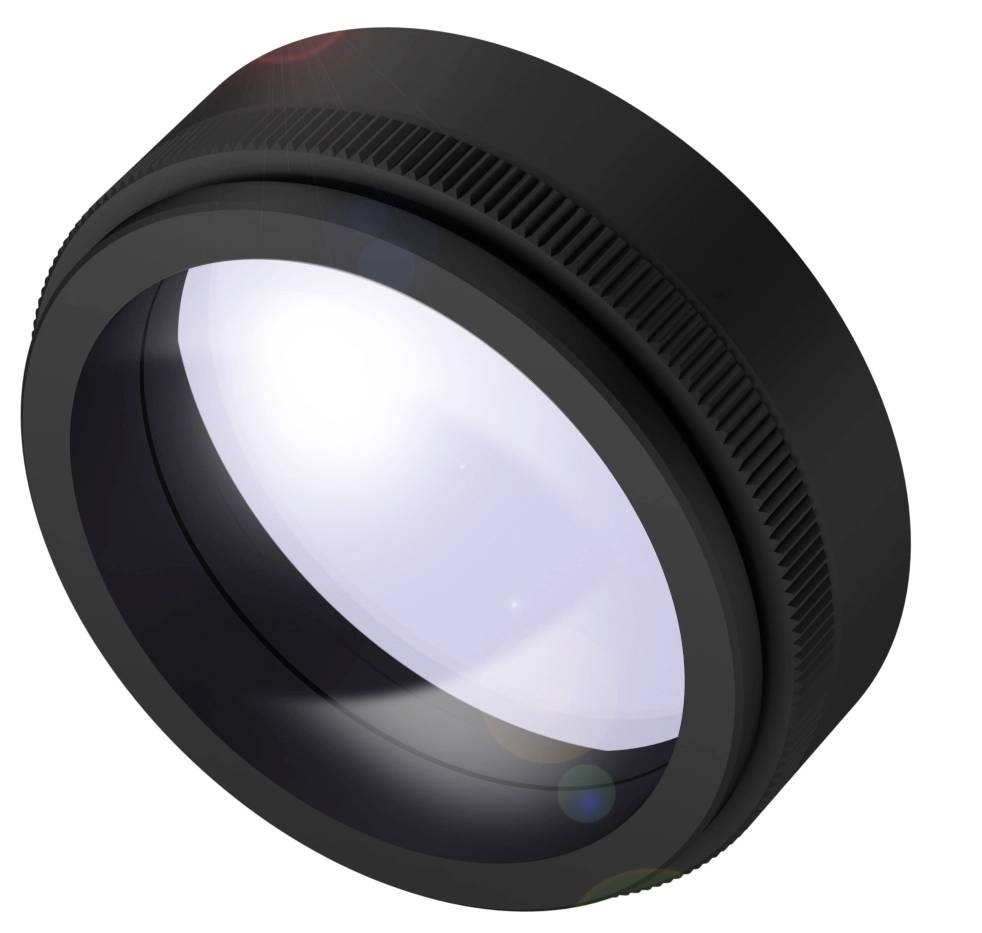Eine schwarze Kameraobjektivlinse mit reflektierendem Licht, zeigt Details auf der Vorderseite.