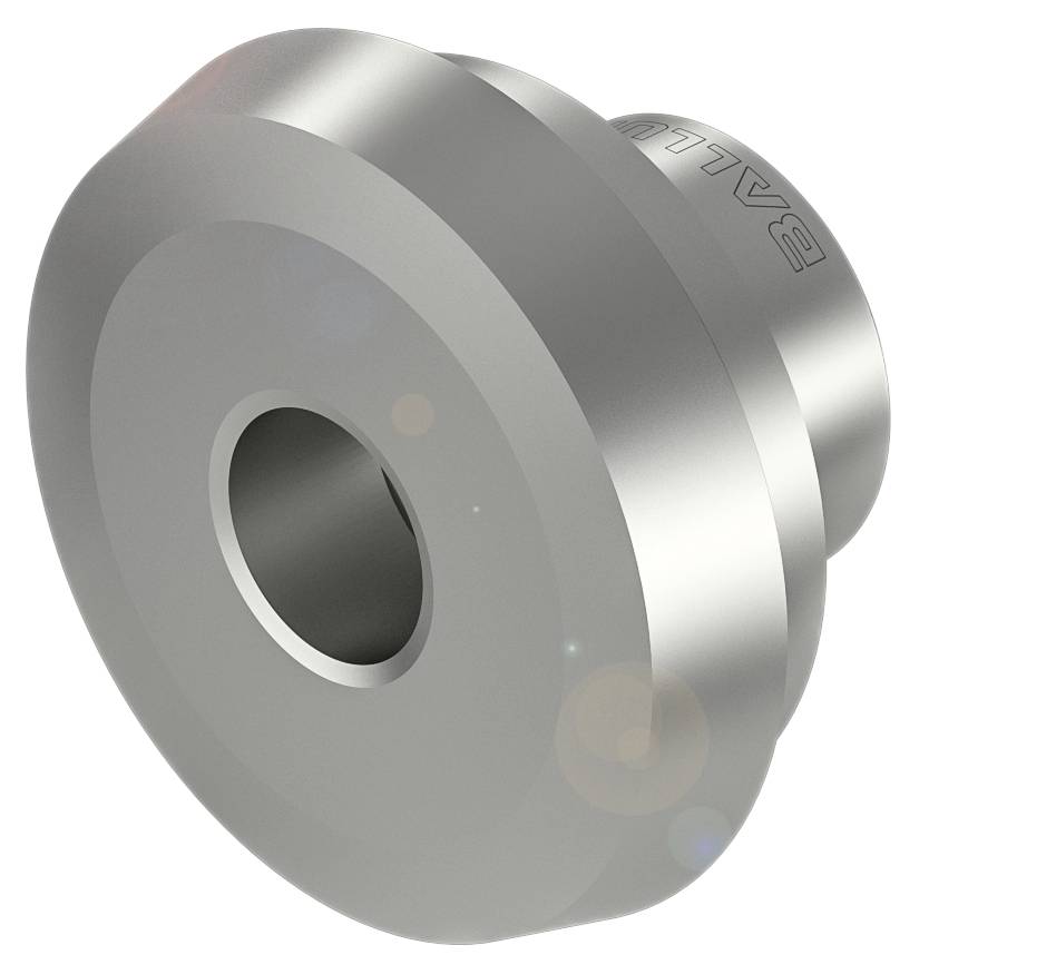 Metallisches, zylindrisches Objekt mit zentrischer Bohrung und Gravur, möglicherweise Teil eines mechanischen Bauteils.