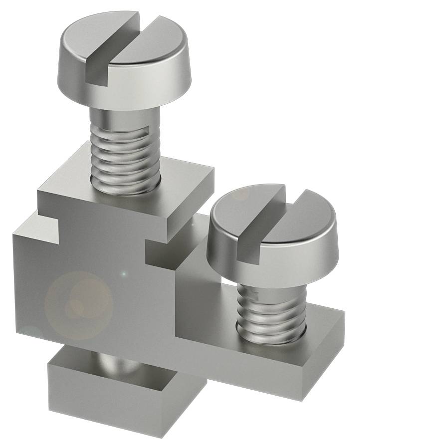 Zwei ineinandergreifende Metallteile mit Schrauben, die ein Montage- oder Verbindungssystem darstellen.