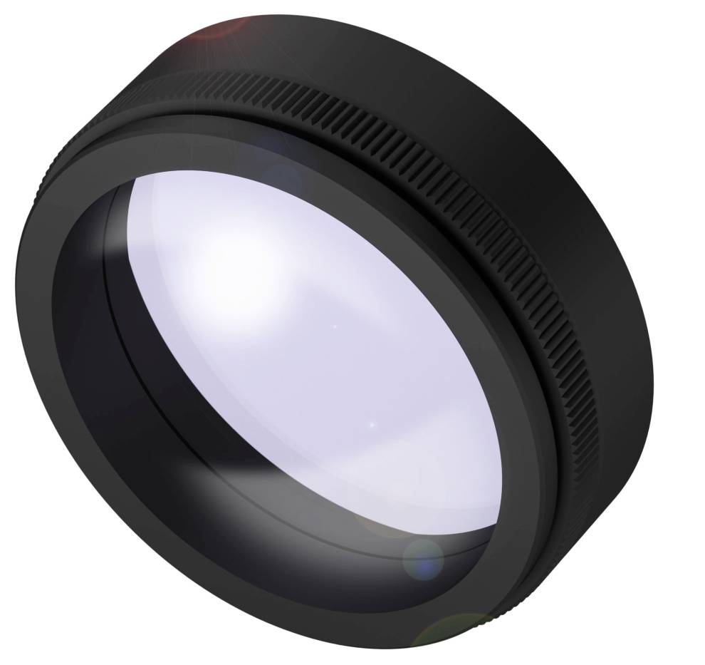 Ein schwarzes Kameraobjektiv mit sichtbaren Linsenreflexionen, aus einem Winkel gezeigt.