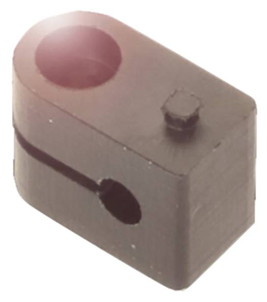 Schwarzes, rechteckiges Bauteil mit zwei Löchern: ein rundes oben links und ein längliches in der Mitte. Oberflächenstruktur sichtbar.