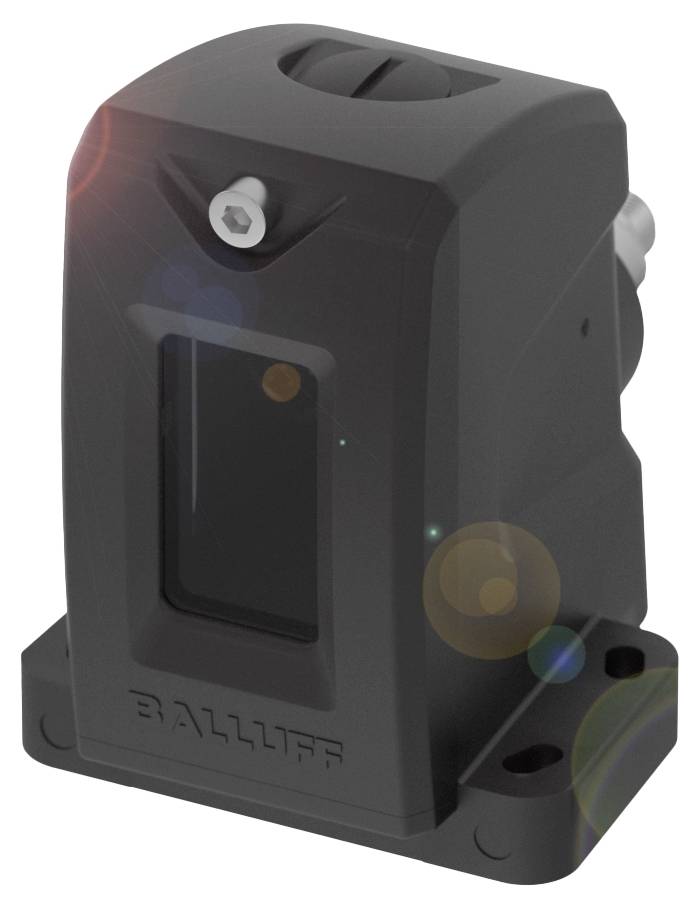 Ein schwarzer, kompakter Sensor von Balluff mit einem rechteckigen Sichtfenster und Linsenreflexionen, zur Erkennung oder Messung verwendet.