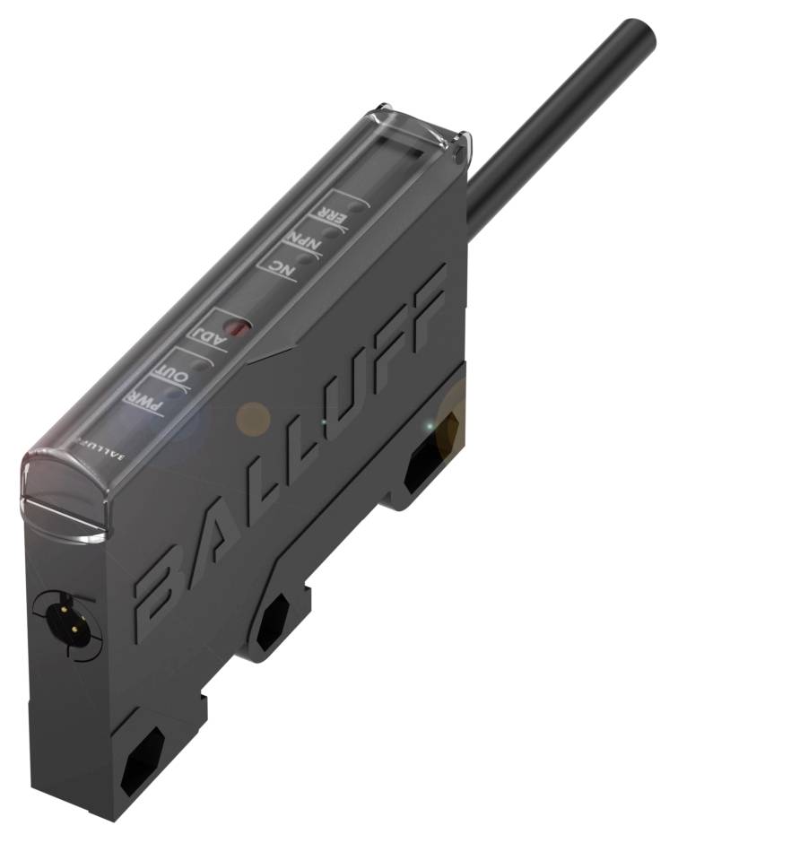 Ein schwarzer elektronischer Sensor mit der Aufschrift 'Balluff', entlang der schmalen Oberseite LEDs und Anschlusskabel.