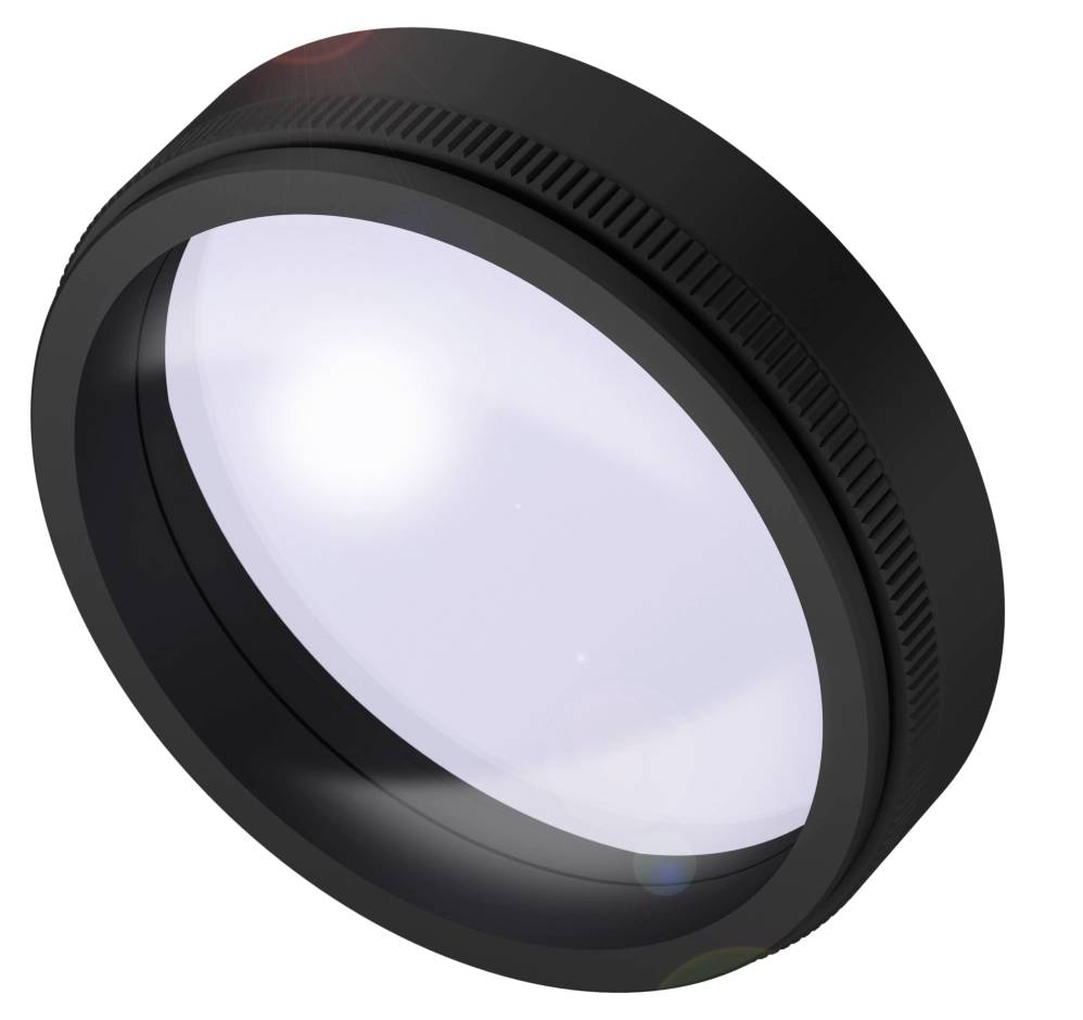 Eine schwarze Kameralinse mit geriffeltem Rand, ausgerichtet nach rechts oben. Sie reflektiert ein starkes Licht, vermutlich von einer Lichtquelle.