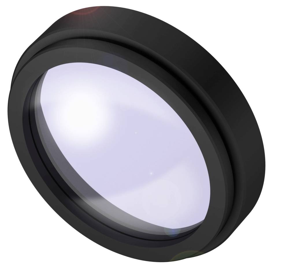 Eine schwarze Kameralinse mit reflektierendem Glas, ausgerichtet mit Lichteinfall.