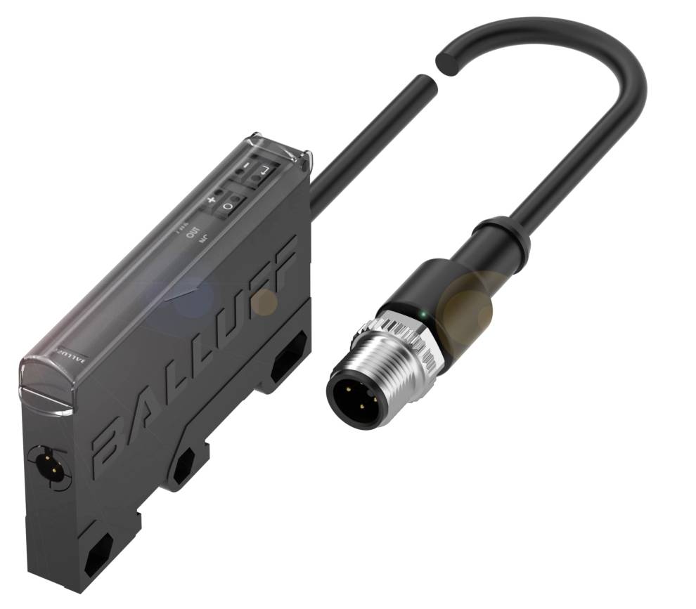 Ein schwarzer Sensor von Balluff mit einem angeschlossenen Kabel und Stecker. Der Sensor hat zwei abgerundete und einen eckigen Anschluss.