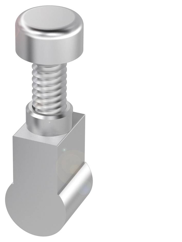 Silberfarbene Schraube mit Feder und quadratischem Sockel, abgebildet vor einem weißen Hintergrund, mit Lichtreflexionen.