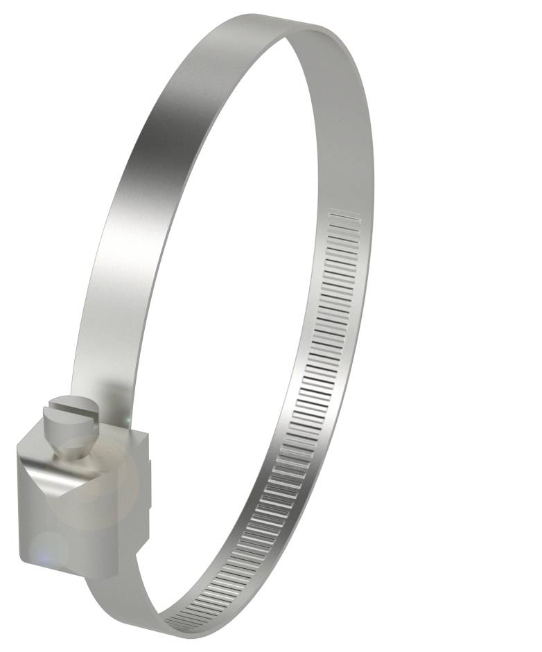 Eine silberne Schlauchschelle aus Metall mit Rillenmuster und Schraubverschluss, die zum Befestigen von Schläuchen verwendet wird.