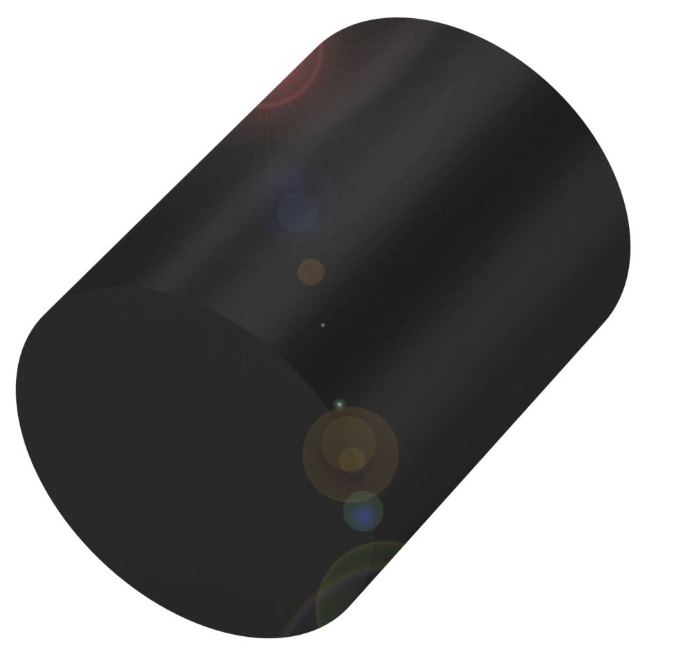 Schwarzer zylindrischer 3D-Körper mit Lichteffekten auf weißem Hintergrund.