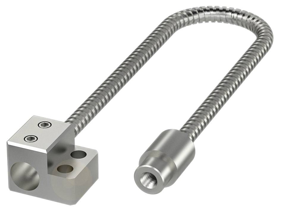 Metallflexschlauch mit einem rechtwinkligen Anschlussstück links; geeignet für industrielle Anwendungen oder Maschinenbetrieb.