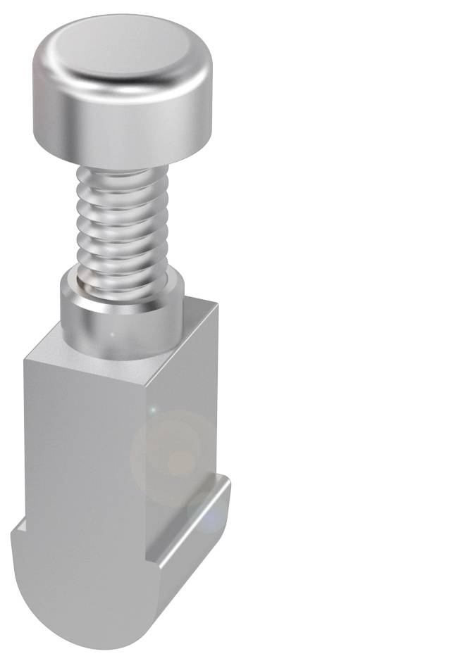 Eine silberne Schraubklemme, die zum Sichern von Objekten verwendet wird, mit einem Gewindebolzen und einer rechteckigen Basis.