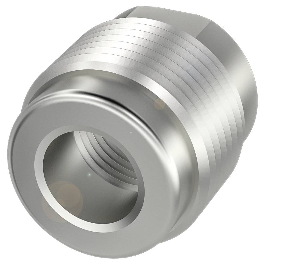 Ein silbernes, zylindrisches Metallbauteil mit Gewinde, vermutlich ein Verbindungsstück in technischem oder industriellem Kontext.