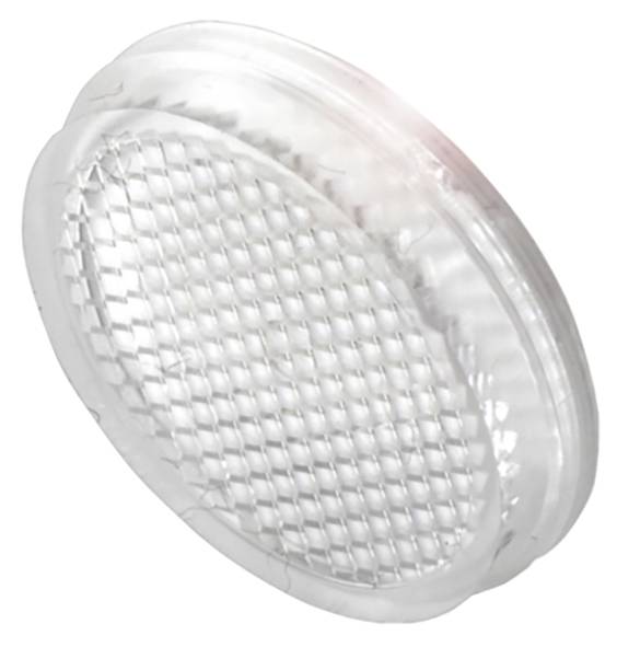 Eine durchsichtige, runde Kunststoffabdeckung mit einem rautenförmigen Muster. Sie könnte als Schutzabdeckung für ein Licht dienen.