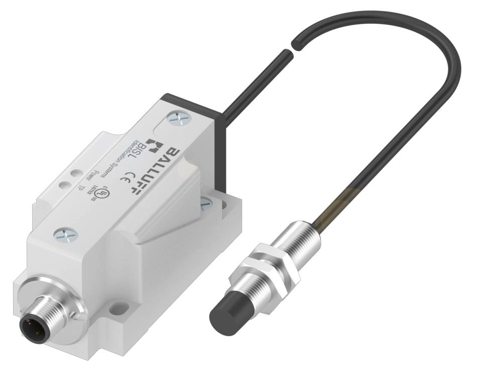 Ein induktiver Näherungssensor mit Anschlusskabel. Der Sensor ist zylindrisch und besteht aus Metall.