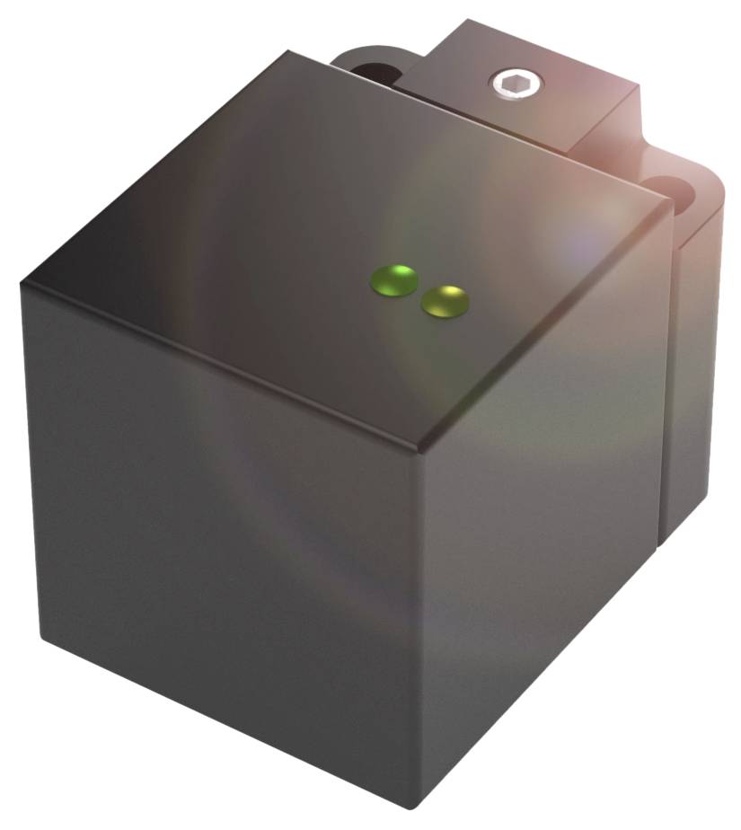 Schwarzes, kubisches elektronisches Gerät mit grünem und gelbem Indikatorlicht, typischerweise für technische Anwendungen genutzt.