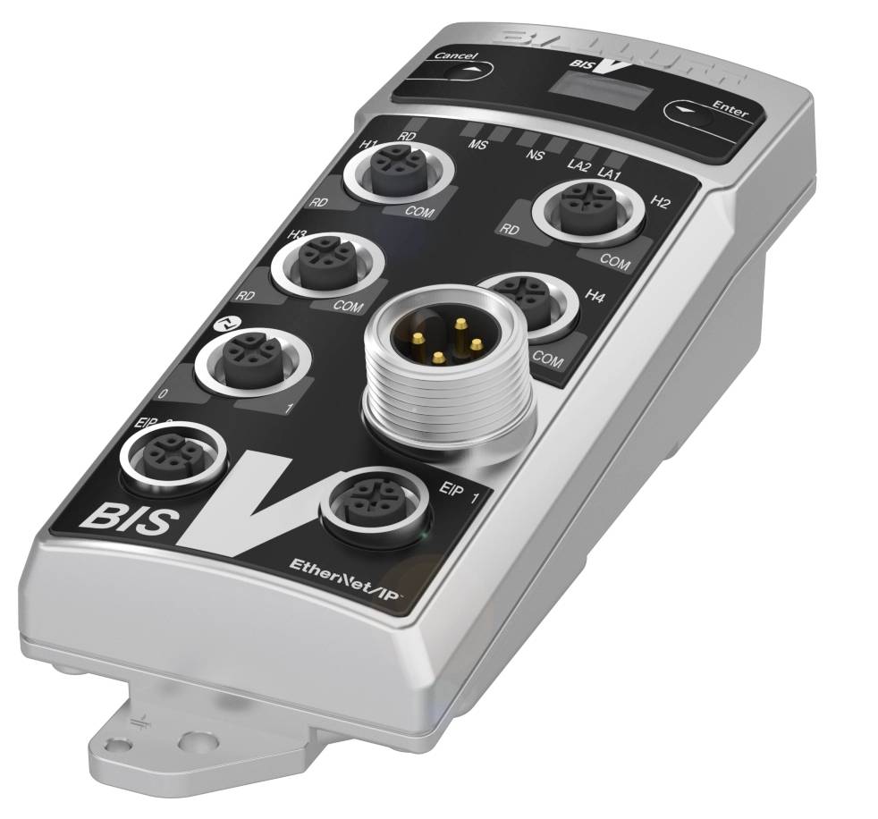 Industrielles Busmodul mit mehreren Steckverbindern für die Datenkommunikation, beschriftet mit 'BIS' und 'EtherNet/IP'.