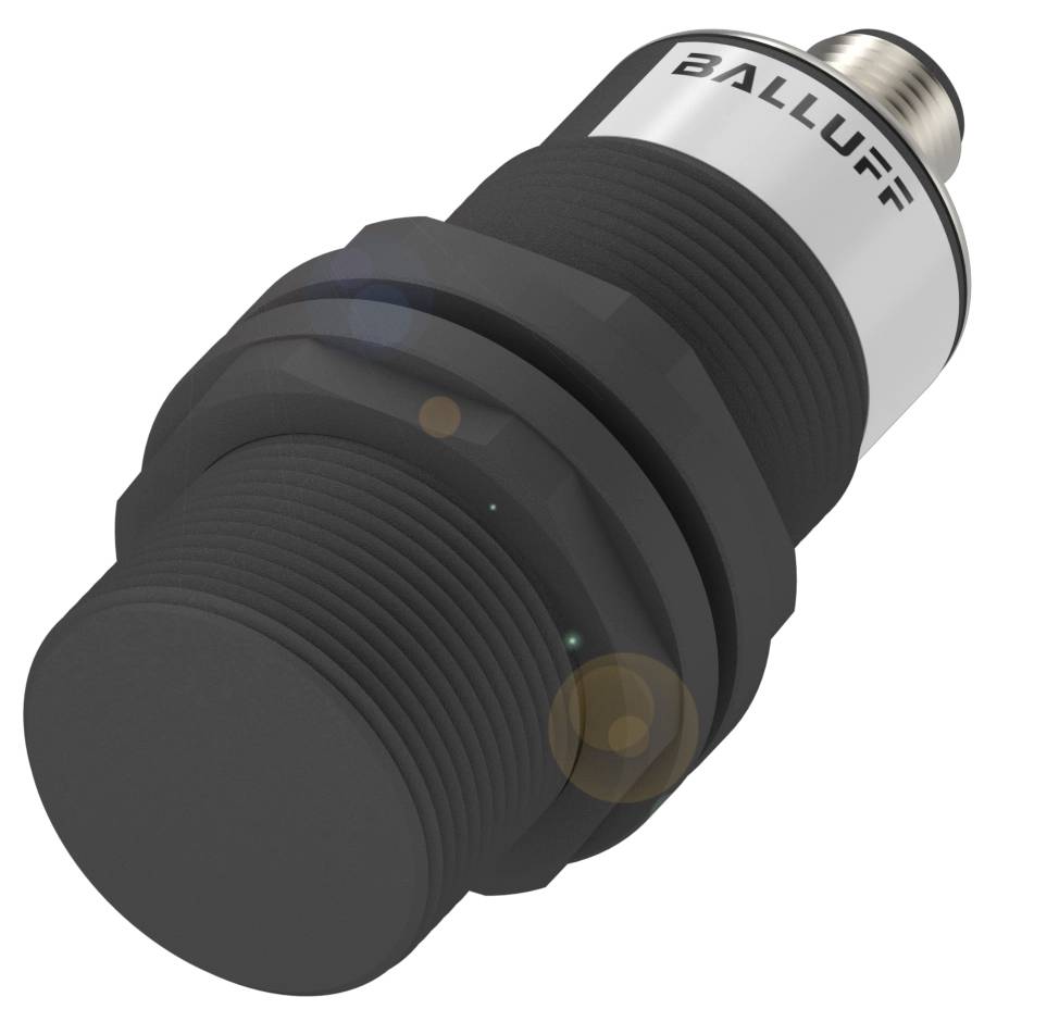 Induktiver Sensor in zylindrischer Bauform, schwarz mit metallischem Gehäuse, markiert mit 'BALLUFF'. Erfasst Objekte berührungslos.