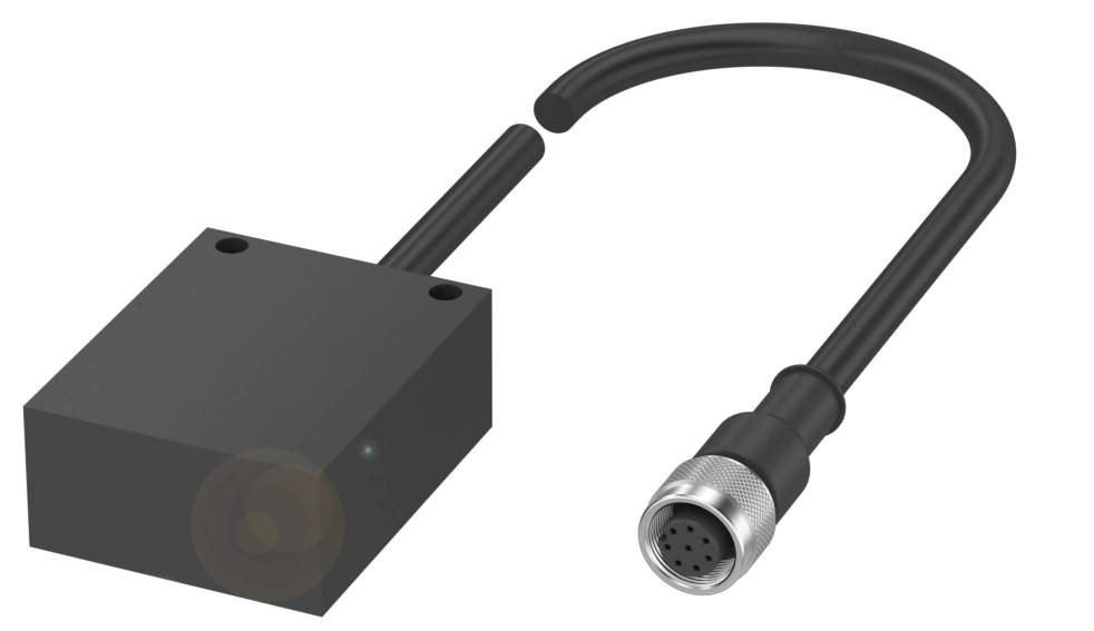 Schwarzes, quadratisches elektronisches Gerät mit abgehendem Kabel und Steckverbinder. Geeignet für industrielle Anwendungen.