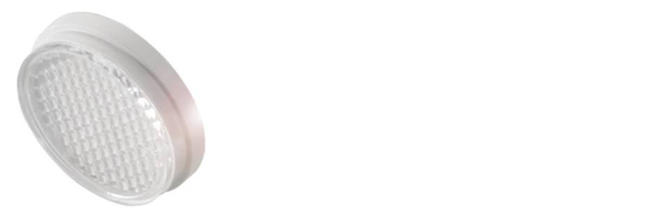 Eine runde LED-Leuchte mit transparenter Abdeckung und Gitternetzstruktur.