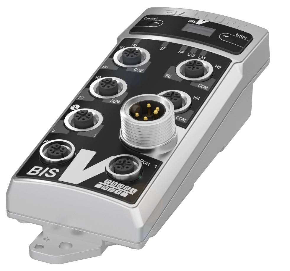 Industrie-Schaltkasten mit mehreren runden Steckverbindungen und einem Display, auf dem 'BIS V PROFINET' steht.