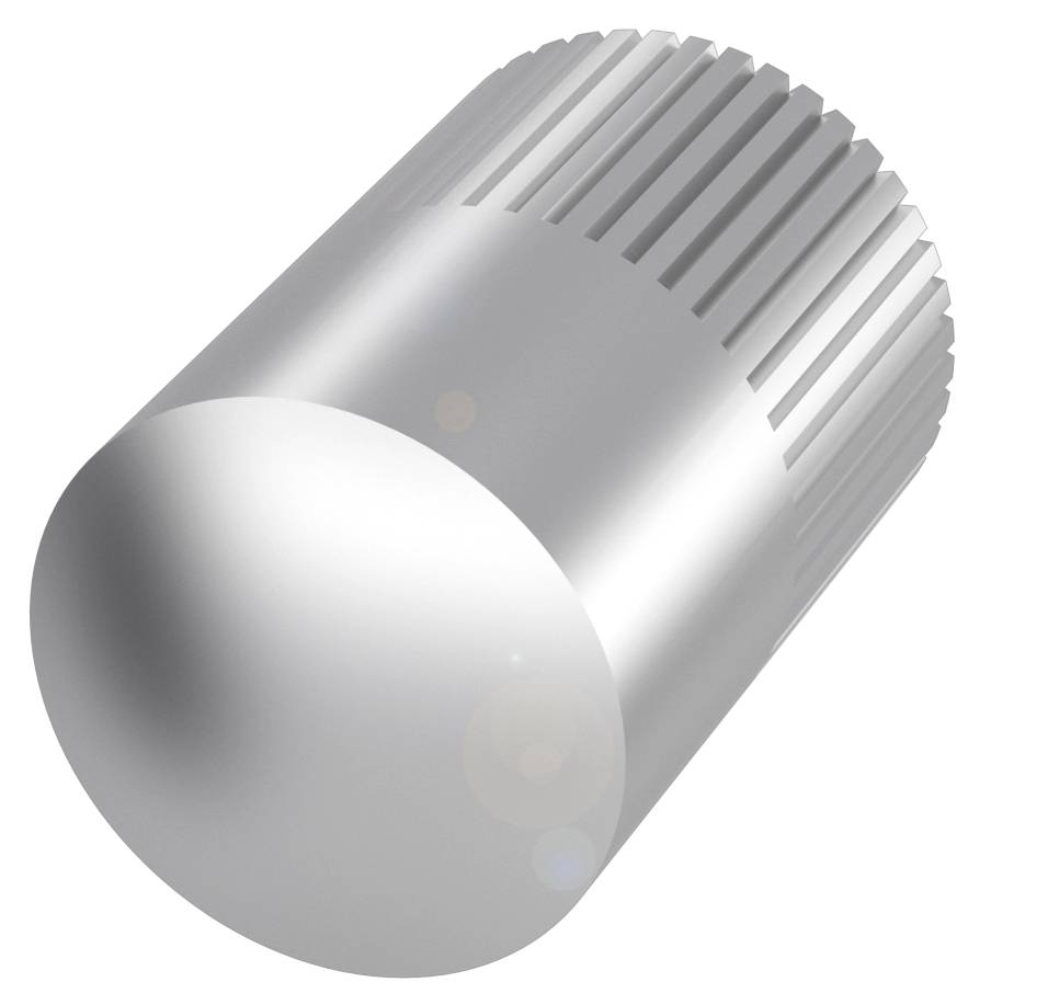 Silberner, zylindrischer Metallkörper mit gerillter Oberfläche an einem Ende, mögliche Schraubkappe oder technisches Bauteil.