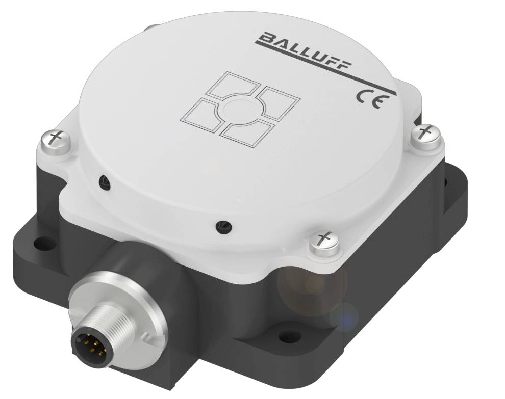 Industrieller Sensor mit runder, weißer Abdeckung und Anschlussstecker. Aufschrift 'BALLUFF' und CE-Kennzeichnung sichtbar.