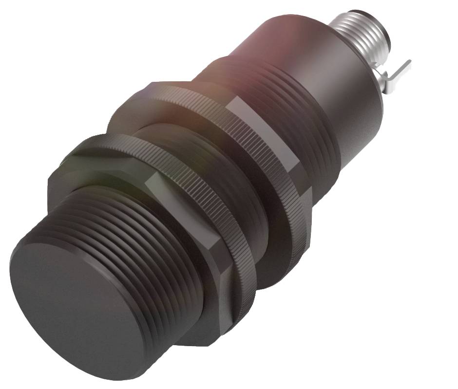 Ein zylindrischer Sensor mit einem Gewinde, einem runden schwarzen Gehäuse und Anschlusskabel. Verwendung in industrieller Automation.