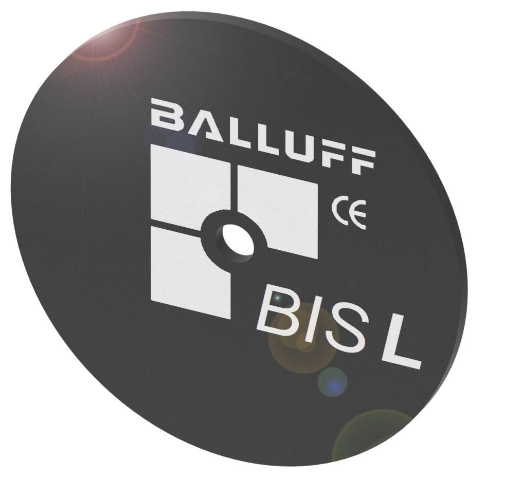 Schwarze runde Scheibe mit der Aufschrift 'BALLUFF BIS L' und CE-Kennzeichnung.