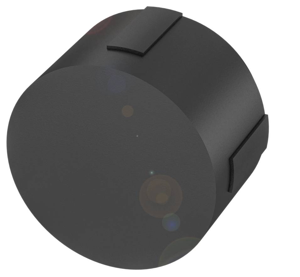 Ein zylindrisches, schwarzes Objekt mit zwei rechteckigen Erhebungen an den Seiten vor einem weißen Hintergrund.