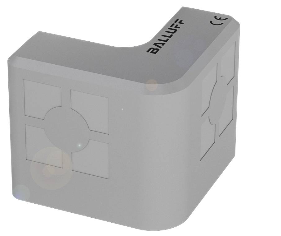Graues, L-förmiges Objekt mit runden und quadratischen Symbolen auf der Seite. Oben steht 'BALLUFF'. Könnte ein technisches Gerät sein.