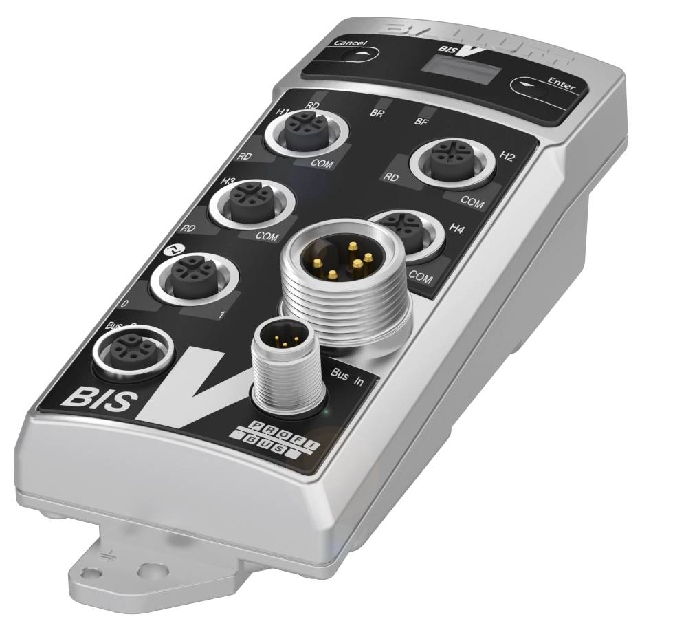 Ein rechteckiges Gerät mit mehreren runden Steckverbindern und einer digitalen Anzeige. Beschriftet mit 'BIS V' und 'PROFIBUS'.