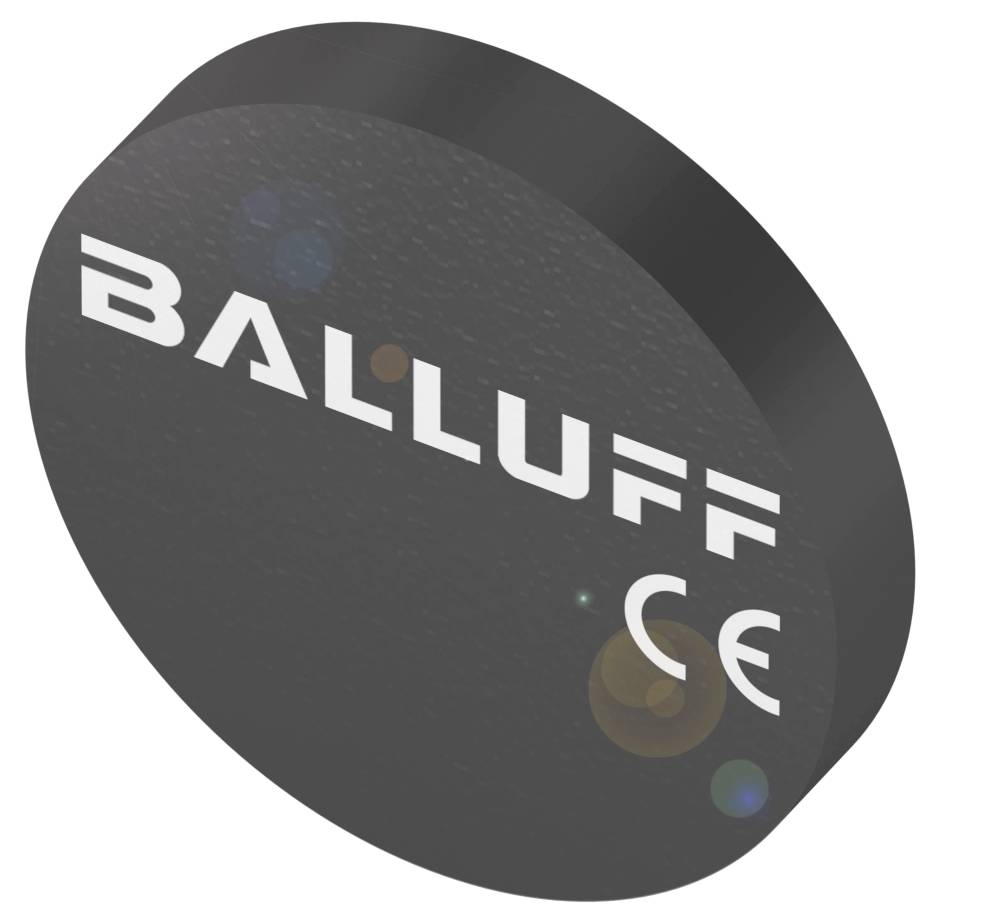 Runde, schwarze Elektronikkomponente mit dem Aufdruck 'BALLUFF' und 'CE'.